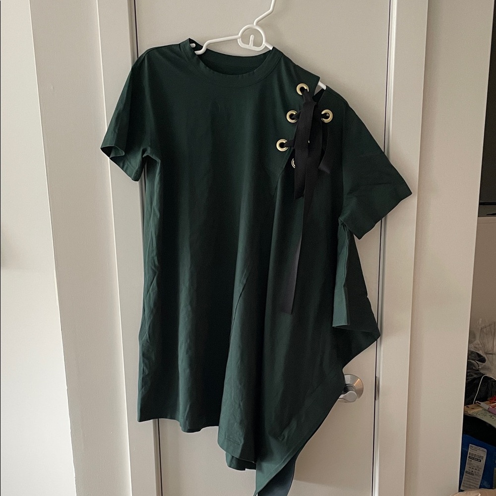 Sacai Dark Green Asymmetric Grommet Tie Shirt Dress